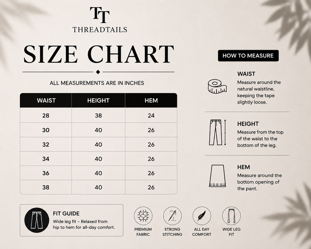 Size guide for Threadtails signature off white wide leg pants