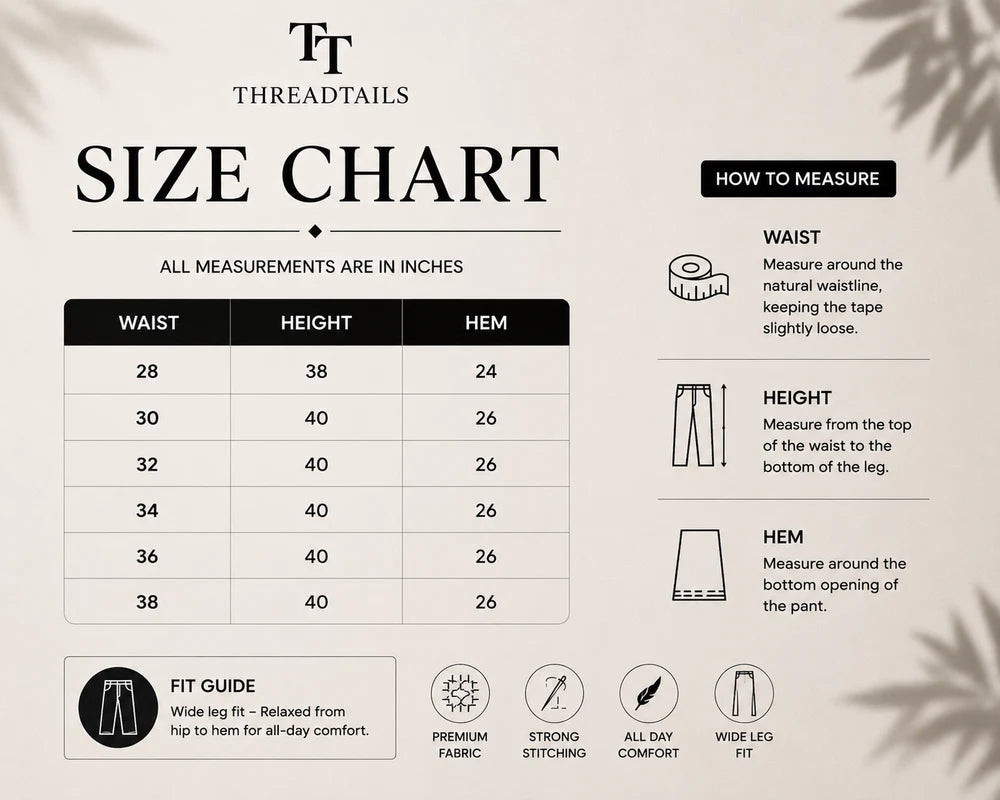 Size guide for Threadtails signature off white wide leg pants