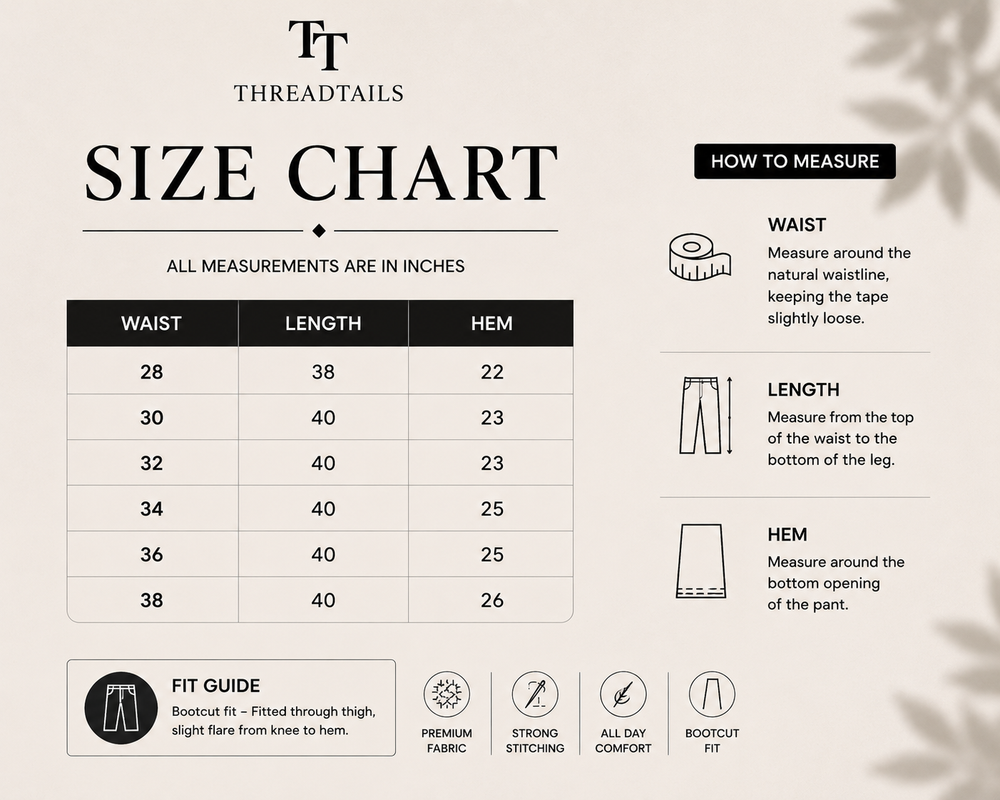 Size guide for Threadtails classic white Bootcut trousers