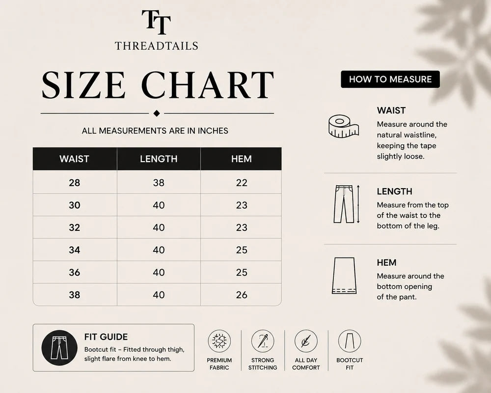 Size guide for Threadtails classic white Bootcut trousers